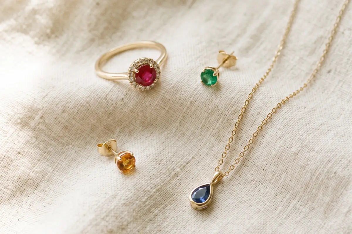 Ruby, emerald, sapphire, and citrine 14K gold birthstone jewelry flatlay