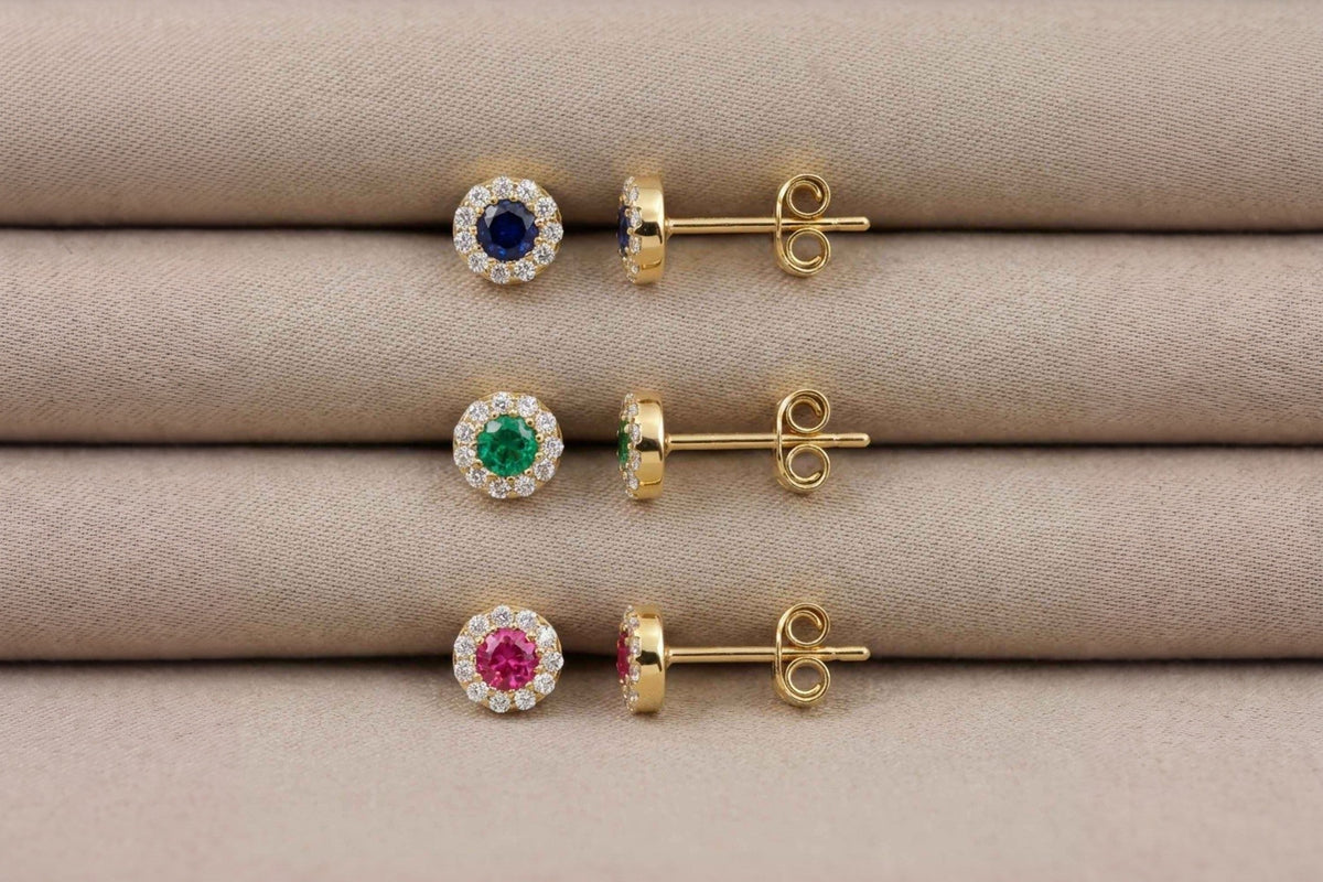 Heon 14K gold halo stud earrings with lab-grown sapphire, emerald and ruby on folded fabric