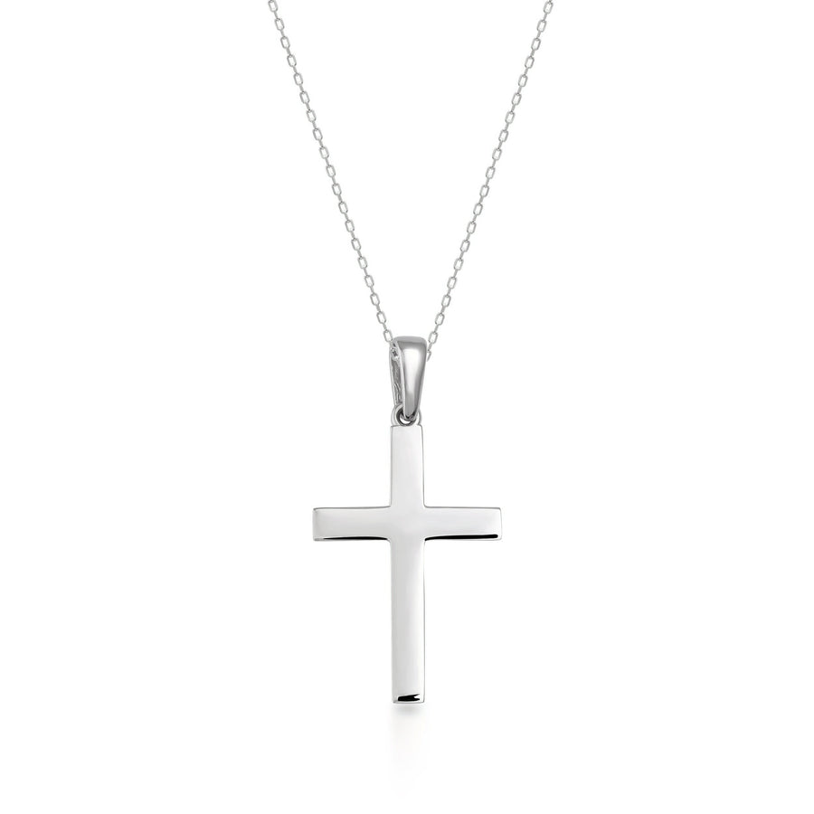 14K white gold polished cross pendant necklace on cable chain, front view on white