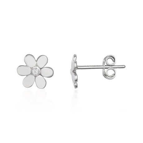 Puces d'oreilles fleur marguerite en or blanc 14 carats avec centre en oxyde de zirconium, vue de face et de côté sur fond blanc