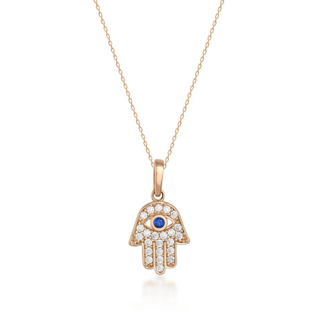Hamsa-Hand-Halskette mit blauem laborgezüchtetem Saphir aus 585er Roségold auf weißem Hintergrund