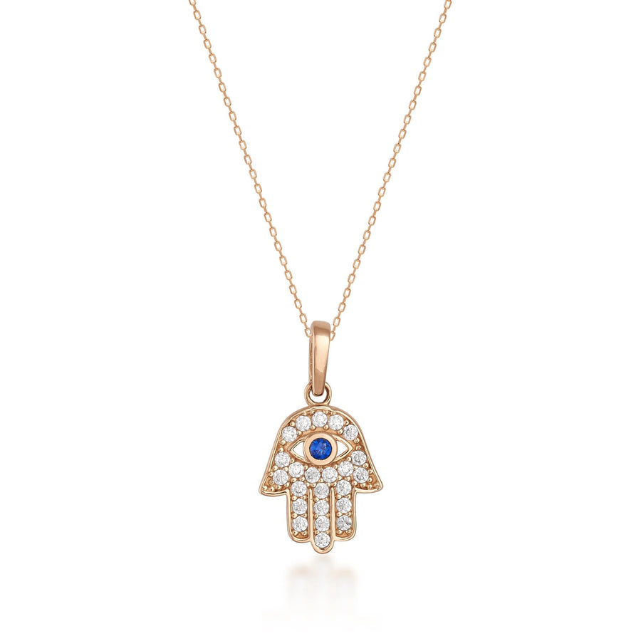Collana mano di Fatima con zaffiro blu creato in laboratorio in oro rosa 14kt su sfondo bianco