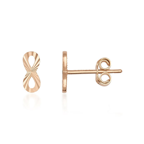 Puces d'oreilles symbole infini en or rose 14 carats, vue de face et de côté sur fond blanc