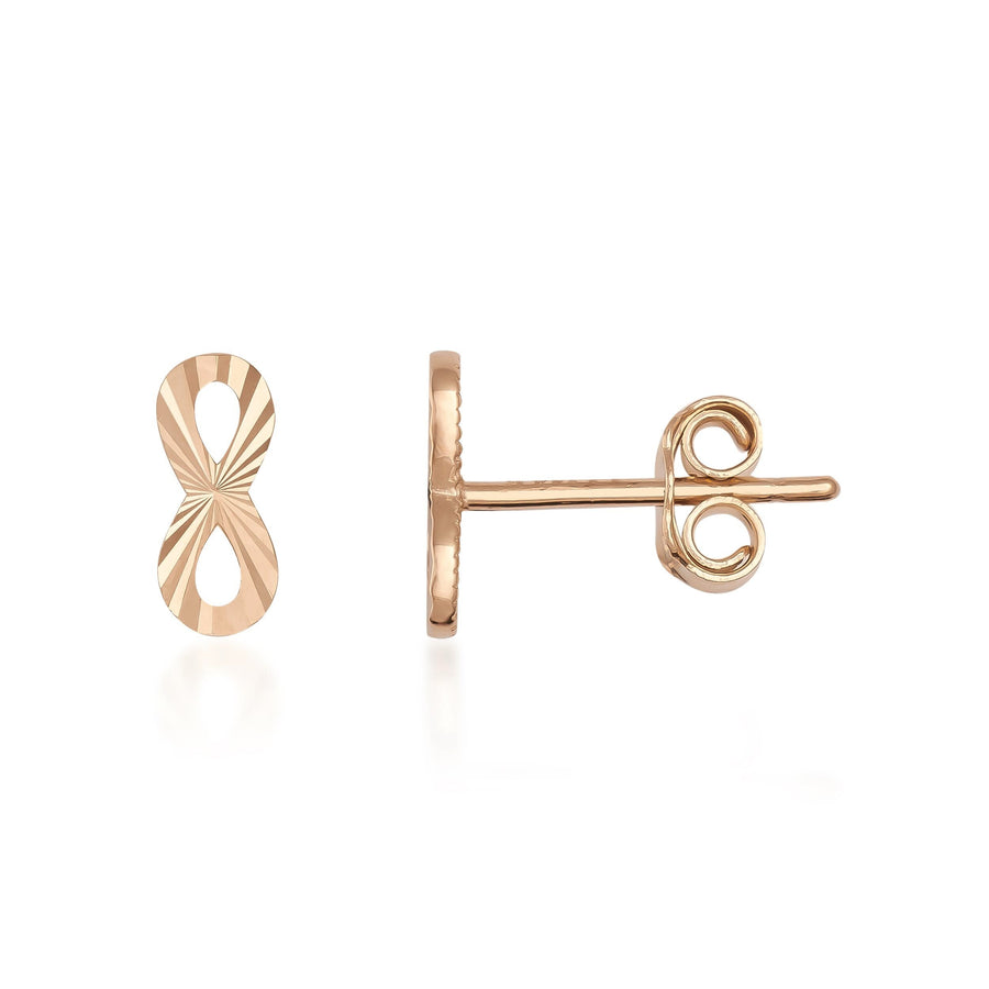 Infinity-Ohrstecker aus 585er Roségold, Vorder- und Seitenansicht auf Weiß