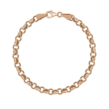 Bracelet maille rolo en or rose 14 carats avec fermoir mousqueton sur fond blanc