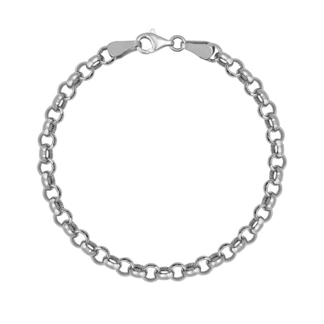 Bracelet maille rolo en or blanc 14 carats avec fermoir mousqueton sur fond blanc