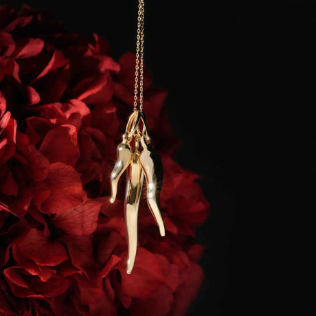 Halskette mit italienischem Horn (Cornicello) aus 585er Gelbgold über roten Rosen auf Schwarz
