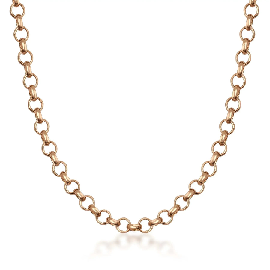 Cadena rolo en oro rosa de 14 quilates sobre fondo blanco