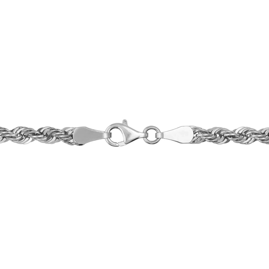 Close-up of lobster clasp on 14K white gold rope chain necklace