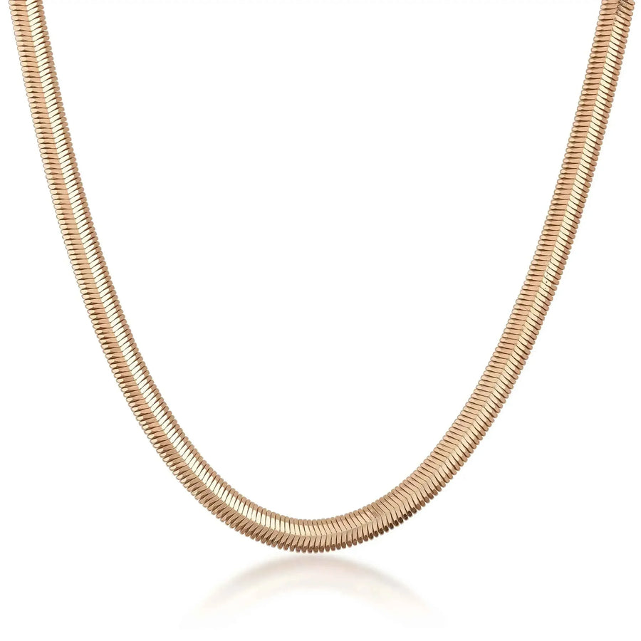 14K rose gold flat herringbone chain necklace on white background