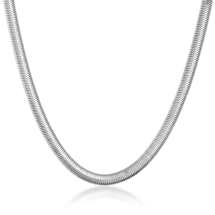14K white gold flat herringbone chain necklace on white background