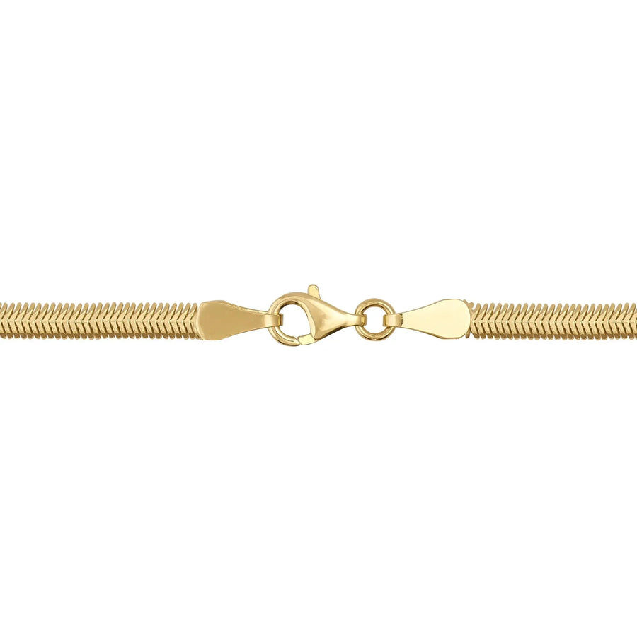 Close-up of lobster clasp on 14K yellow gold flat herringbone chain necklace