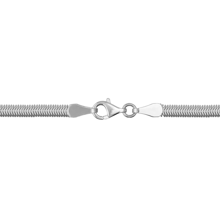 Close-up of lobster clasp on 14K white gold flat herringbone chain necklace