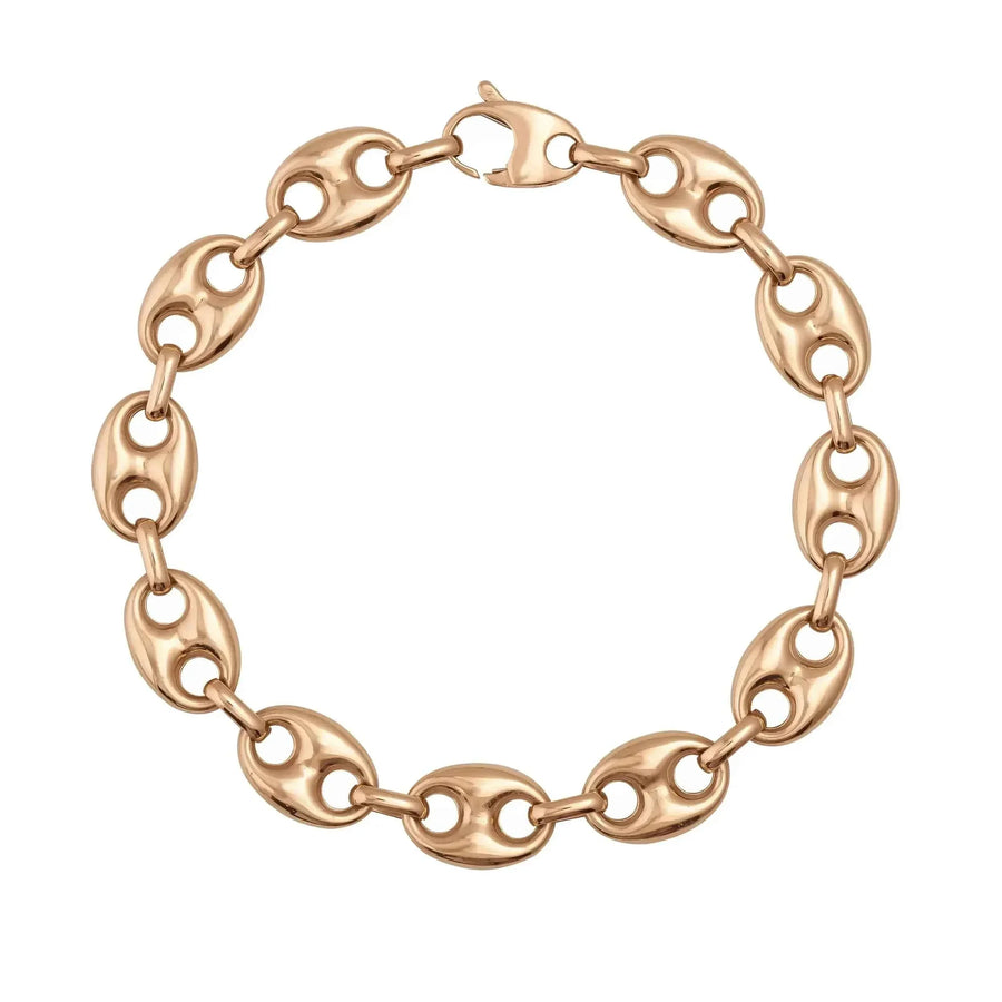 Bracciale a maglia marina in oro rosa 14kt disteso su sfondo bianco