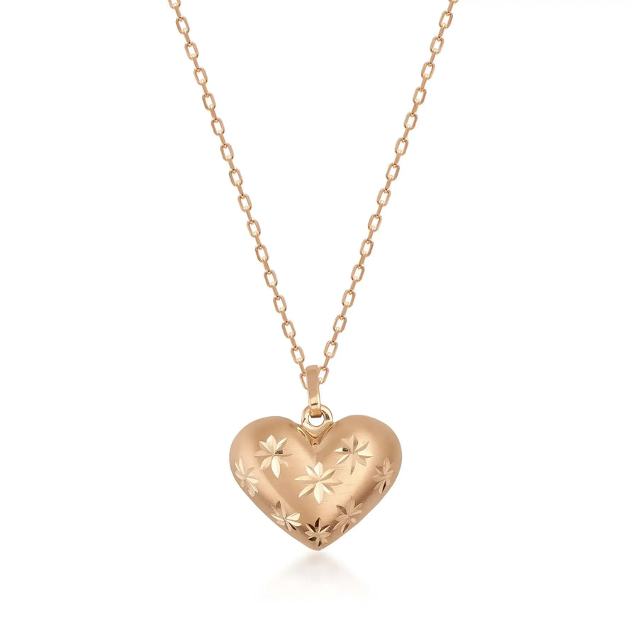 Collana cuore bombato con stella incisa in oro rosa 14kt su sfondo bianco