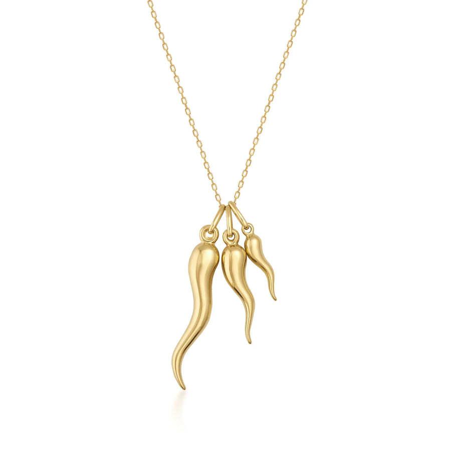 Collier pendentif corne italienne (cornicello) en or jaune 14 carats en petite, moyenne et grande taille sur fond blanc