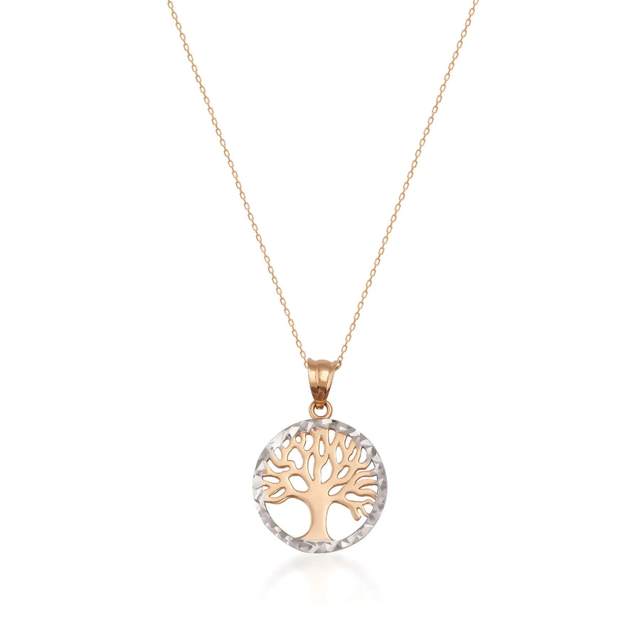 Collier pendentif arbre de vie bicolore en or rose et or blanc 14 carats sur fond blanc