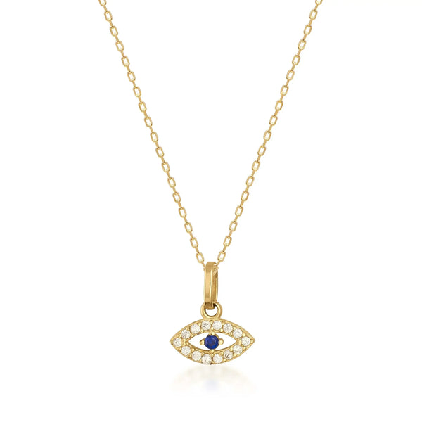 Collar de ojo turco con zafiro azul de laboratorio en oro amarillo de 14 quilates sobre fondo blanco