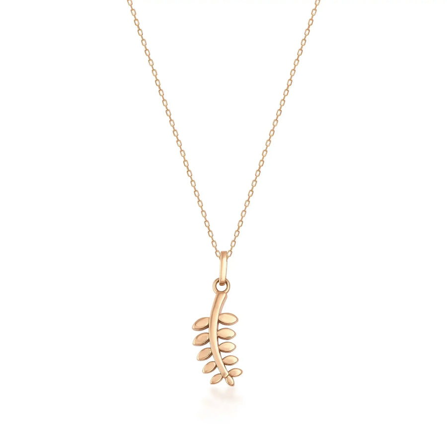 Collier pendentif branche d'olivier en or rose 14 carats sur fond blanc