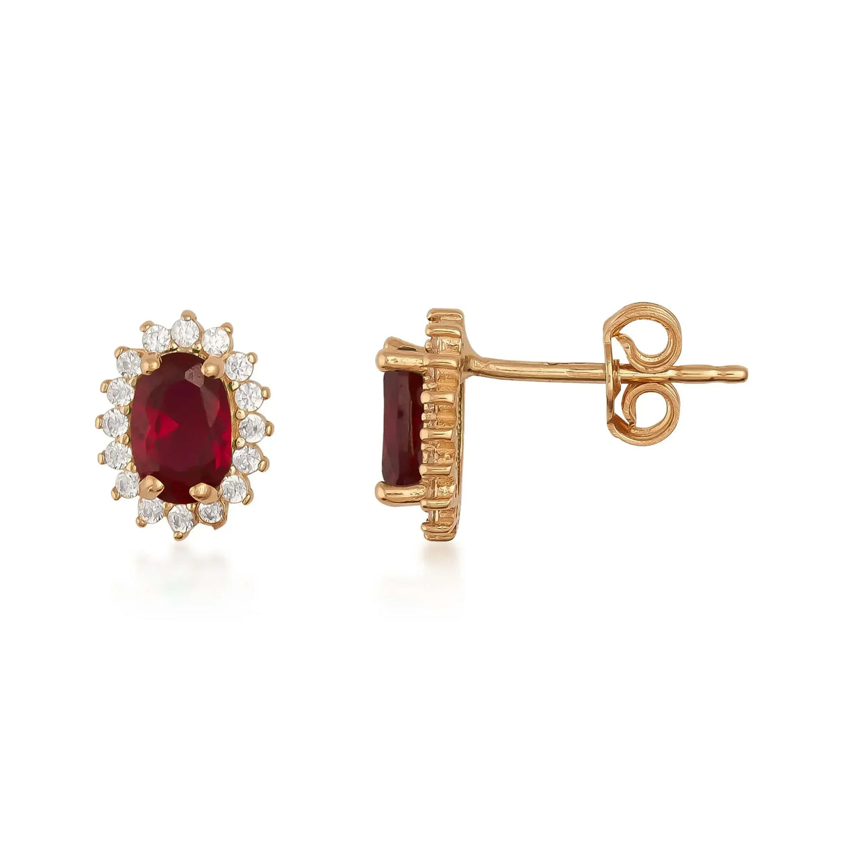 Ruby Halo Stud Earrings – July Birthstone - Lab-Created Red Gemstone & Cubic Zirconia - Heon Jewelry