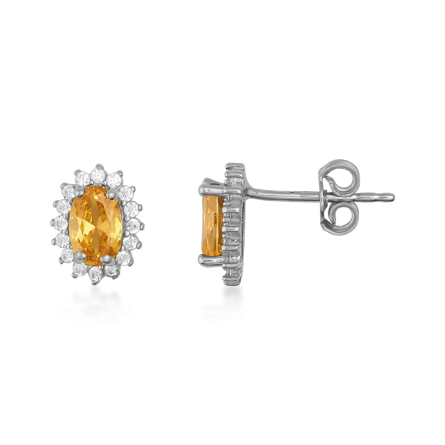 14K white gold lab-grown citrine halo stud earrings, front and side view on white