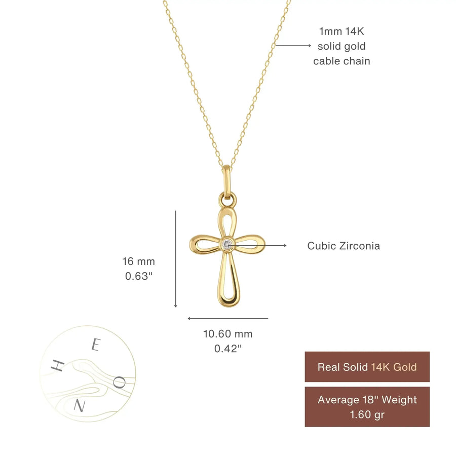 Tableau des tailles du collier pendentif croix ajourée en or jaune 14 carats : 16 mm sur 10,60 mm, centre en oxyde de zirconium