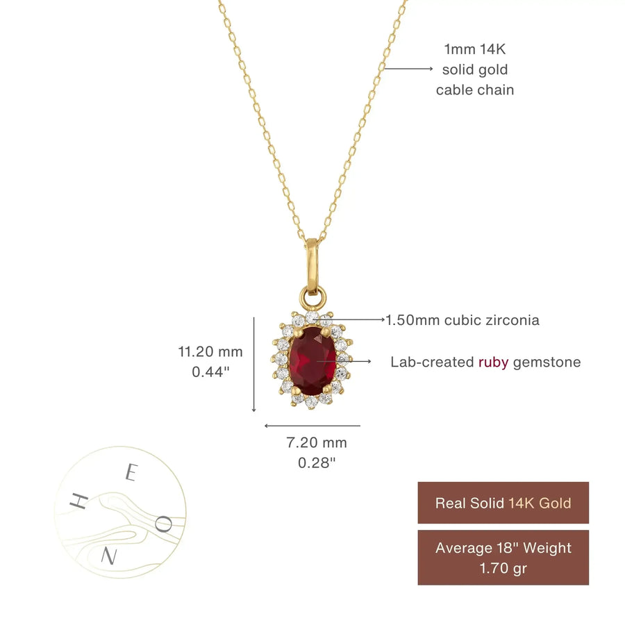 Tableau des tailles du collier pendentif halo rubis de synthèse en or 14 carats : pendentif de 11,20 x 7,20 mm avec halo d'oxyde de zirconium, chaîne de 1 mm