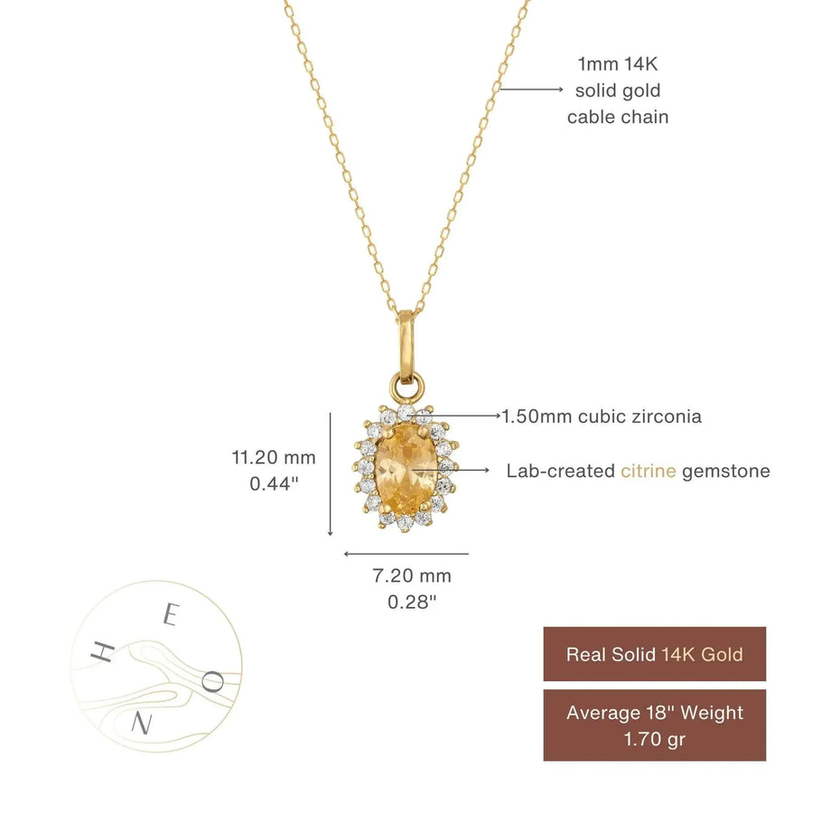 Tabella misure della collana con ciondolo halo in oro 14kt con citrino creato in laboratorio: ciondolo 11,20 x 7,20 mm con halo di zirconi, catena da 1 mm