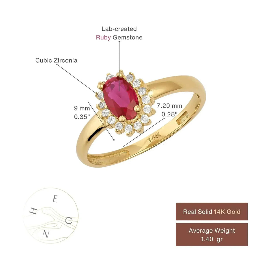 Tableau des tailles de la bague pierre de naissance halo rubis de synthèse en or jaune 14 carats : centre de 9 mm sur 7,20 mm avec halo d'oxyde de zirconium