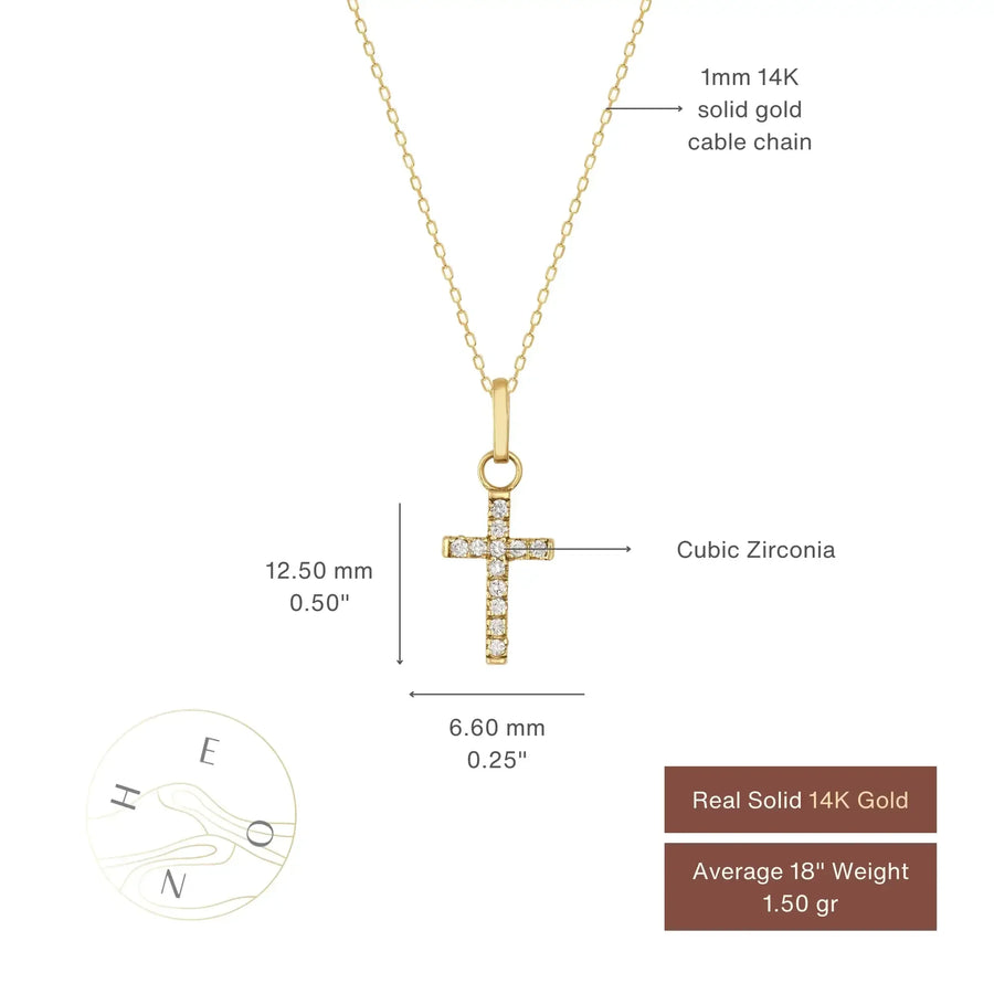 Size chart of 14K gold dainty CZ cross necklace, 12.50 x 6.60 mm cross on 1 mm cable chain