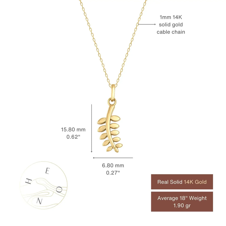 Tableau des tailles du collier pendentif branche d'olivier en or jaune 14 carats : 15,80 mm sur 6,80 mm, sur chaîne maille forçat de 1 mm