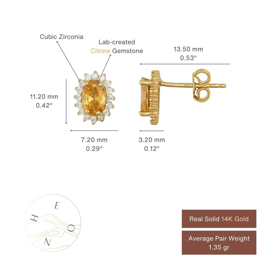 Size chart of 14K yellow gold lab-grown citrine halo stud earrings, 11.20 mm by 7.20 mm face