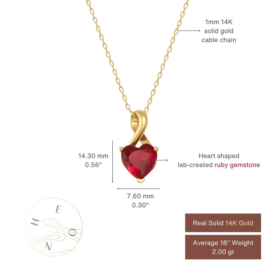 Tabella misure della collana con ciondolo cuore in oro giallo 14kt con rubino creato in laboratorio: 14,30 mm x 7,60 mm su catena forzatina da 1 mm