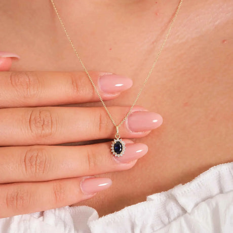 September Birthstone – Sapphire Halo Pendant Necklace