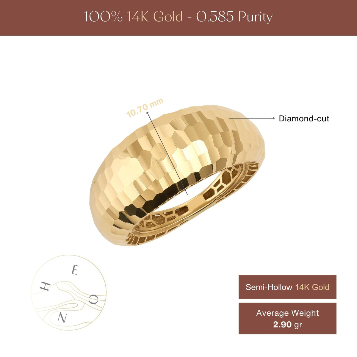 Infographic of 14K yellow gold diamond-cut dome ring with diamond-cut surface and 2.90 gr average weight