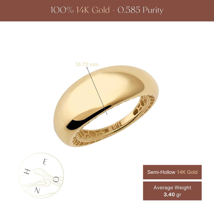 Infographic of 14K yellow gold wide dome ring with band width marker and 3.40 gr average weight