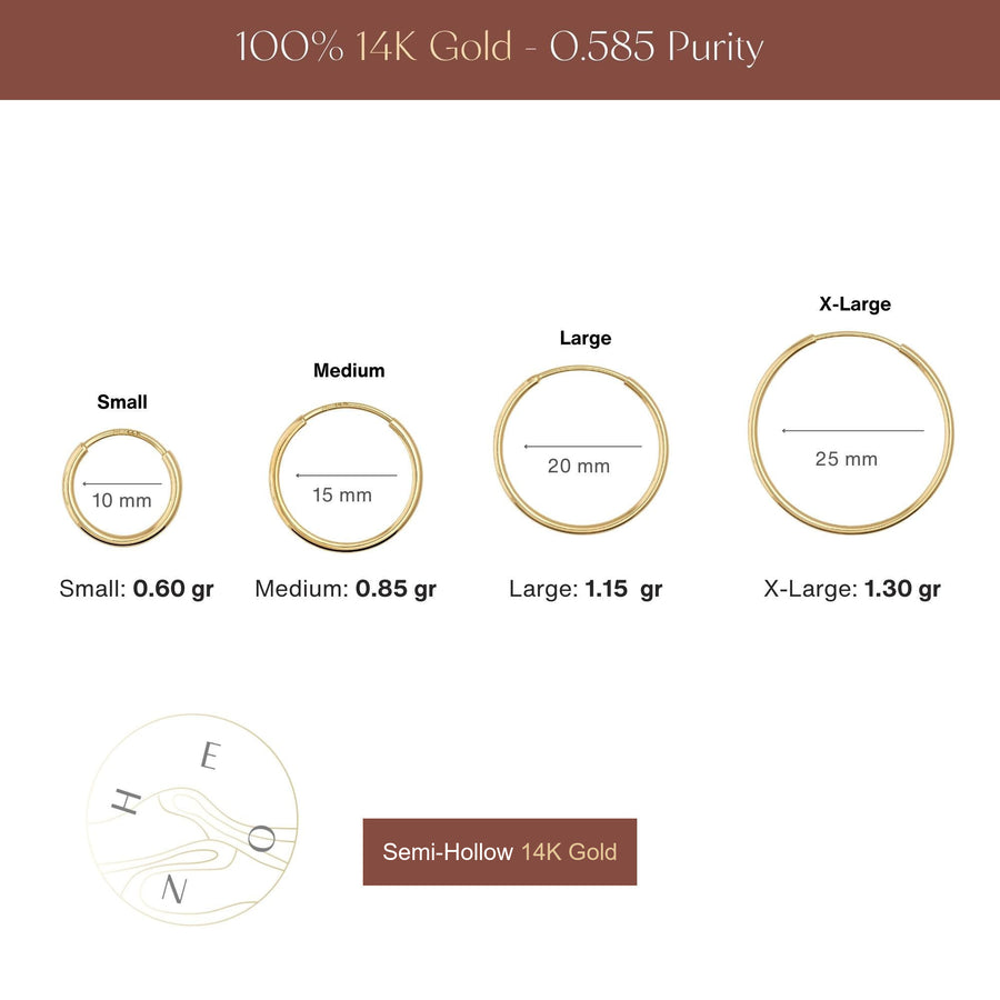 Endless hoop earrings size chart: 10, 15, 20 and 25 mm, 0.60, 0.85, 1.15 and 1.30 gr average weight