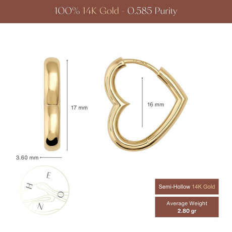 Puffy heart hoop earrings size chart, 17 mm by 16 mm, 3.60 mm width, 2.80 gr average weight