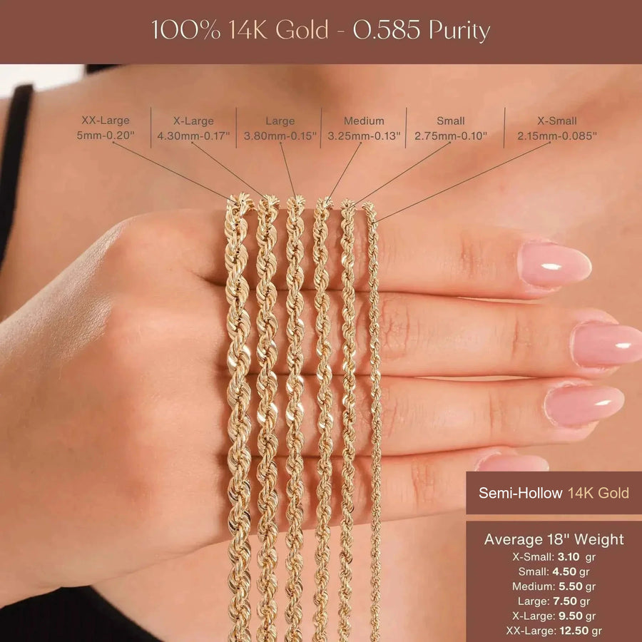 Size chart of 14K yellow gold rope chain necklace widths X-Small to XX-Large shown on hand