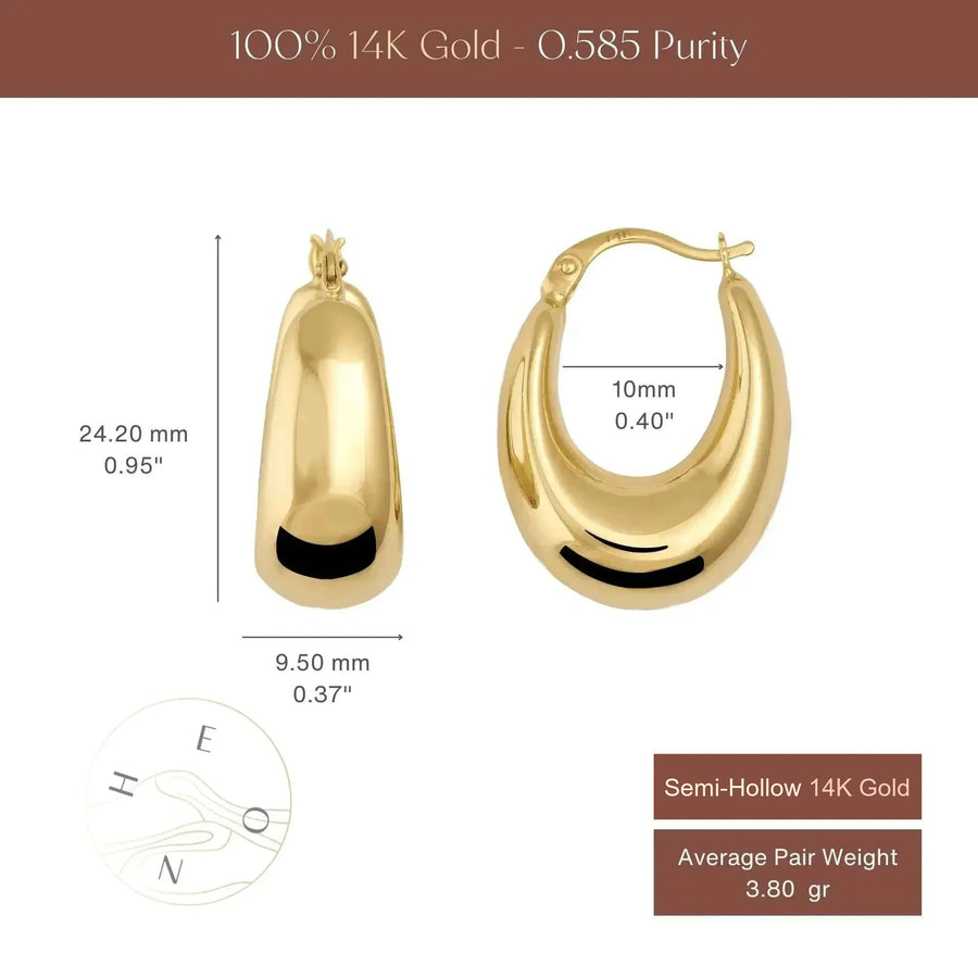 Size chart of 14K yellow gold teardrop hoop earrings, 24.20 mm tall and 9.50 mm wide
