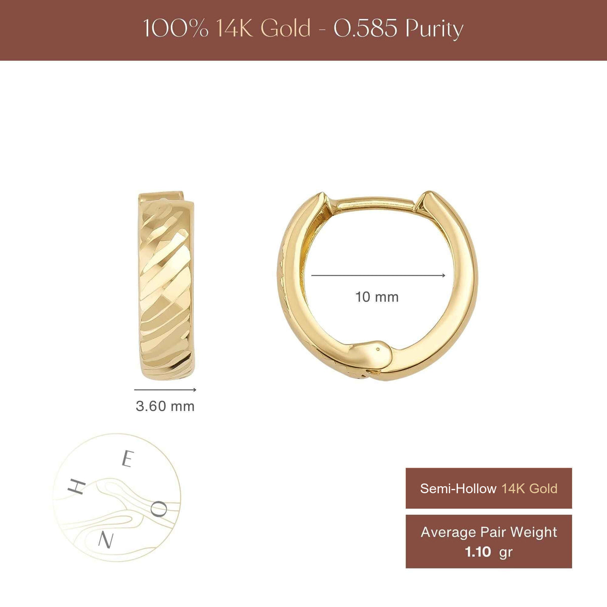 Textured huggie hoop earrings size chart, 10 mm diameter, 3.60 mm width, 1.10 gr pair weight