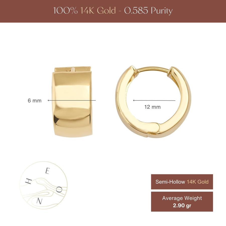 Size chart of 14K yellow gold thick huggie hoop earrings showing 6 mm width, 12 mm hoop and 2.90 gr weight