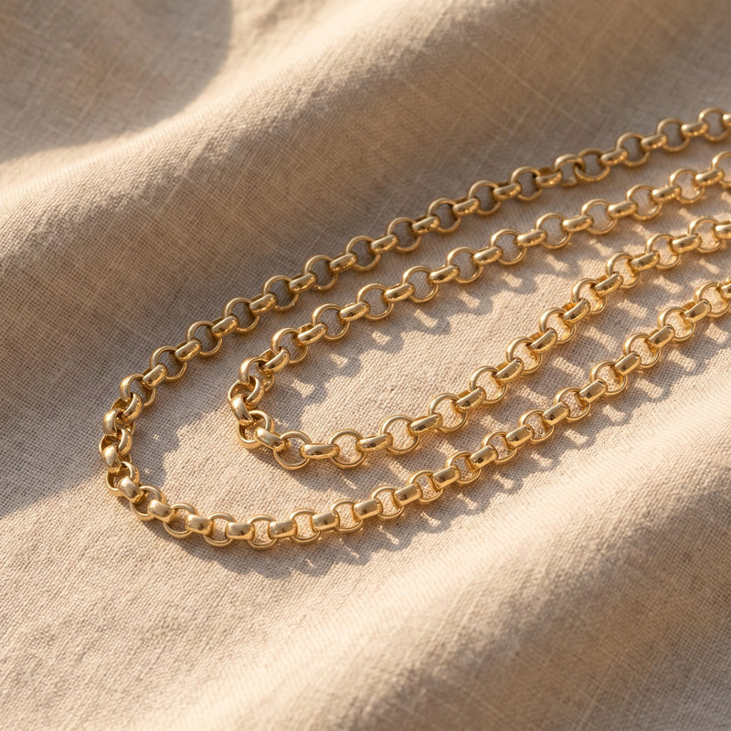 Chaîne maille rolo en or 14 carats posée sur du lin ensoleillé