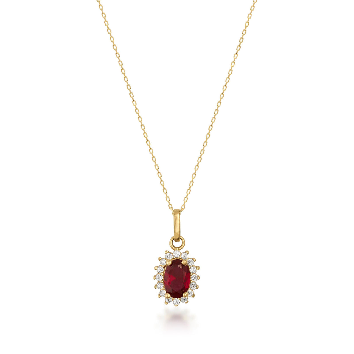 14K Solid Gold Oval Ruby Halo Pendant Necklace: July Birthstone Charm