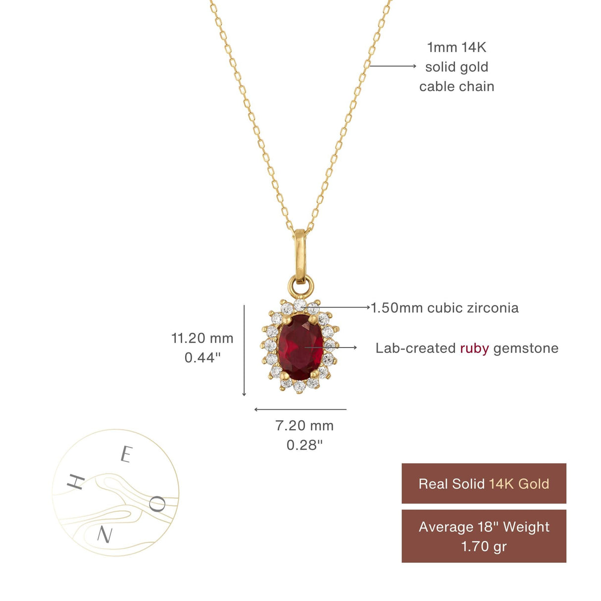 14K Solid Gold Oval Ruby Halo Pendant Necklace: July Birthstone Charm