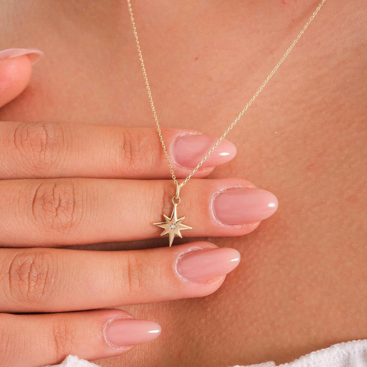 14K Solid Gold North Star Pendant Necklace, Cubic Zirconia