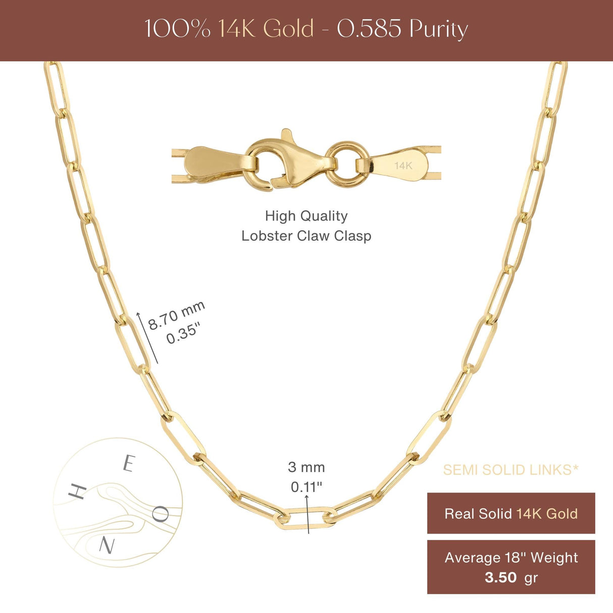 14K Solid Gold Paperclip Chain Necklace and Bracelet - 3mm Rectangle Link - Modern Layering Set
