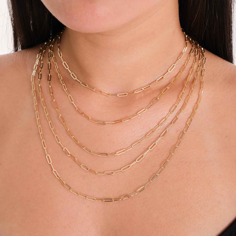 14K Solid Gold Paperclip Chain Necklace and Bracelet - 3mm Rectangle Link - Modern Layering Set
