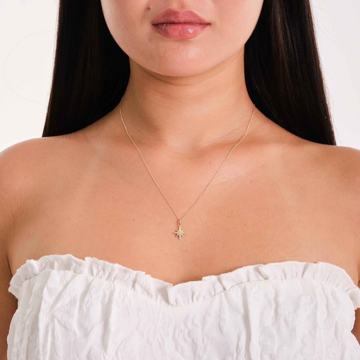 14K Solid Gold North Star Pendant Necklace, Cubic Zirconia