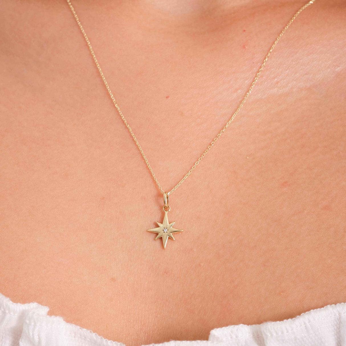 14K Solid Gold North Star Pendant Necklace, Cubic Zirconia